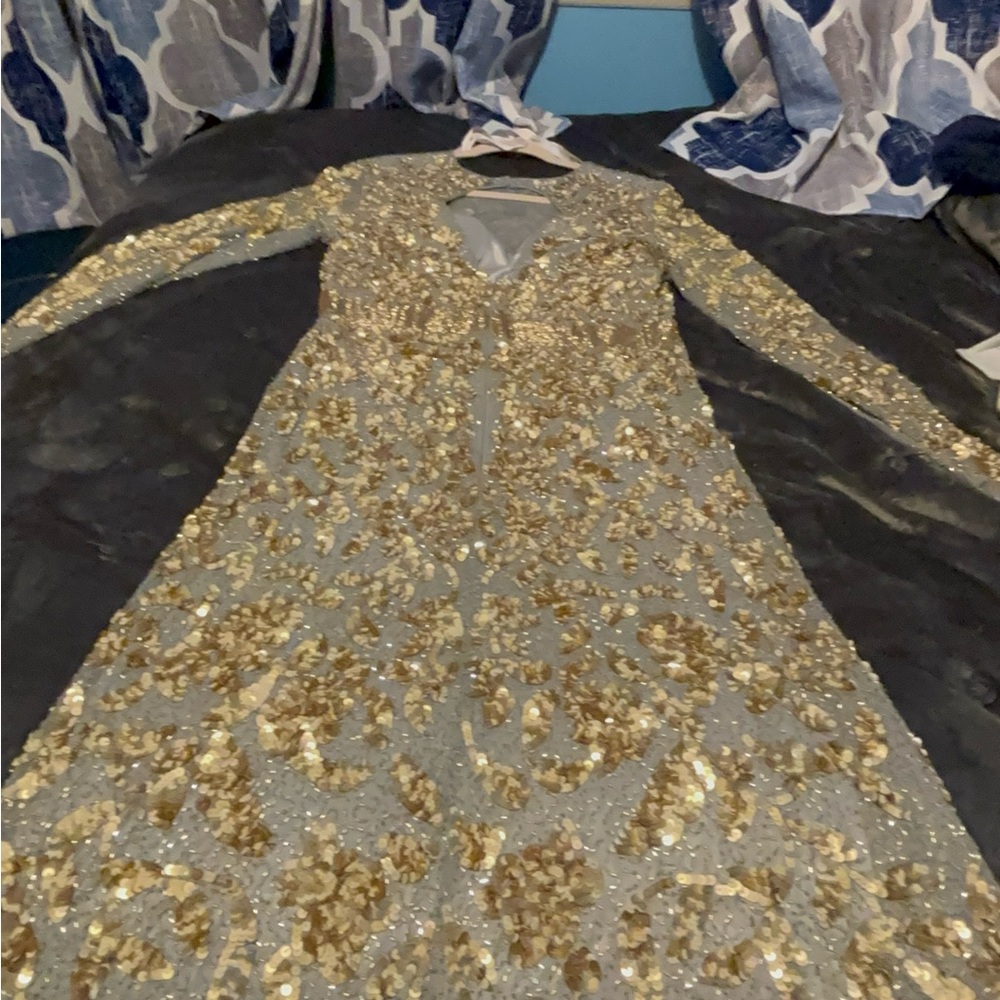 Mac Duggal Gold and Cream Sequin Long Sleeve Gown
